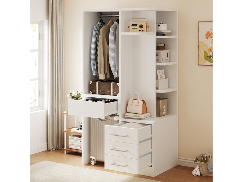 Armoire penderie enfant 70x45x135 cm - 3 tiroirs - penderie ouverte - étagères ouvertes - bois et bois reconstitué - blanc - Conforama B