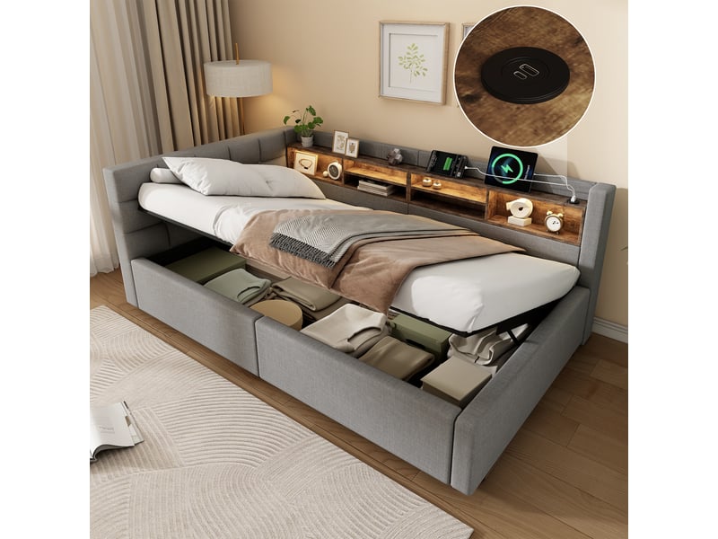 Lit banquette coffre 90x200cm avec éclairage led dimmable, tête de lit étagère et prises usb, lin gris evarich - Conforama B