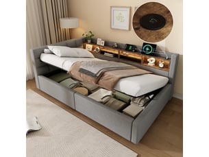 Lit banquette coffre 90x200cm avec éclairage led dimmable, tête de lit étagère et prises usb, lin gris