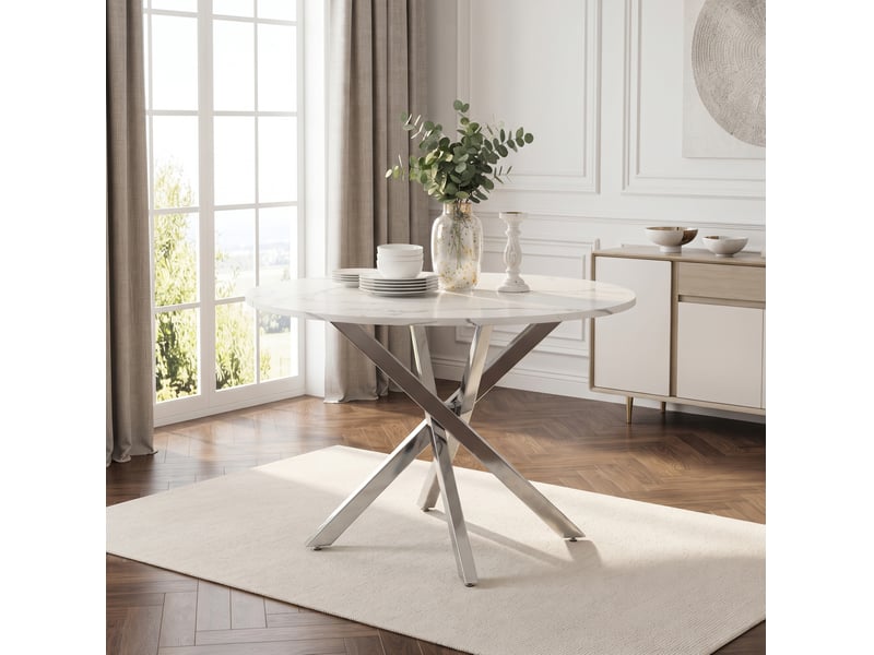  Table à manger ronde 80 x 80 x 75 cm, plateau effet marbre, blanc argenté  - Conforama B