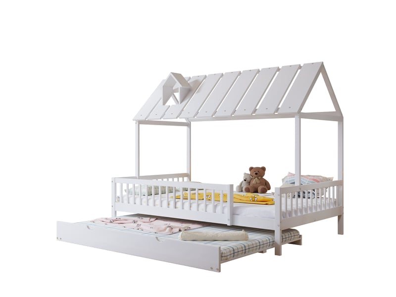  Lit enfant cabane 120x200 cm avec lit gigogne, barrières sur 3 côtés, blanc  - Conforama A