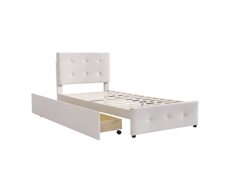  Lit avec 2 tiroirs 90x200 cm, lit simple enfant, lit capitonné en velours avec sommier, bois, blanc  - Conforama A