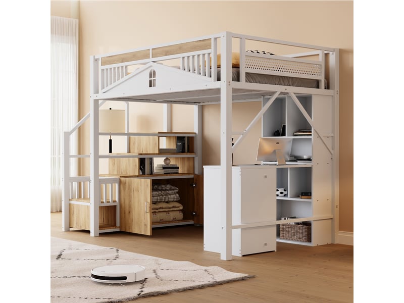  Lit mezzanine blanc 140x200cm avec escalier rangement, fenêtre, sécurité renforcée, gain de place - fer et mdf - pour enfant ado  - Conforama C
