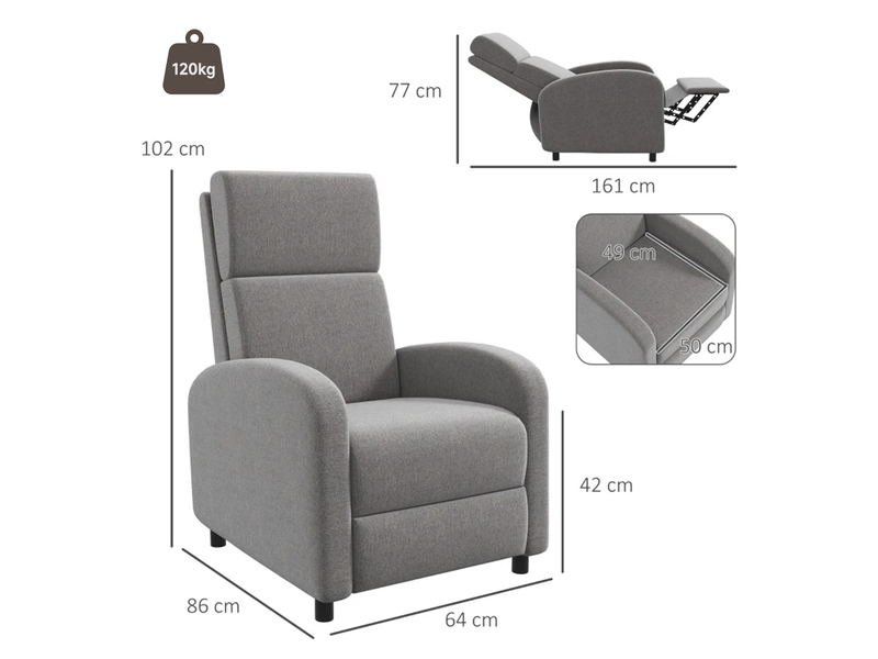  Fauteuil relax inclinable jusqu'à 160° manuellement avec repose-pieds intégré, grand confort, charge max. 120kg, gris  - Conforama C