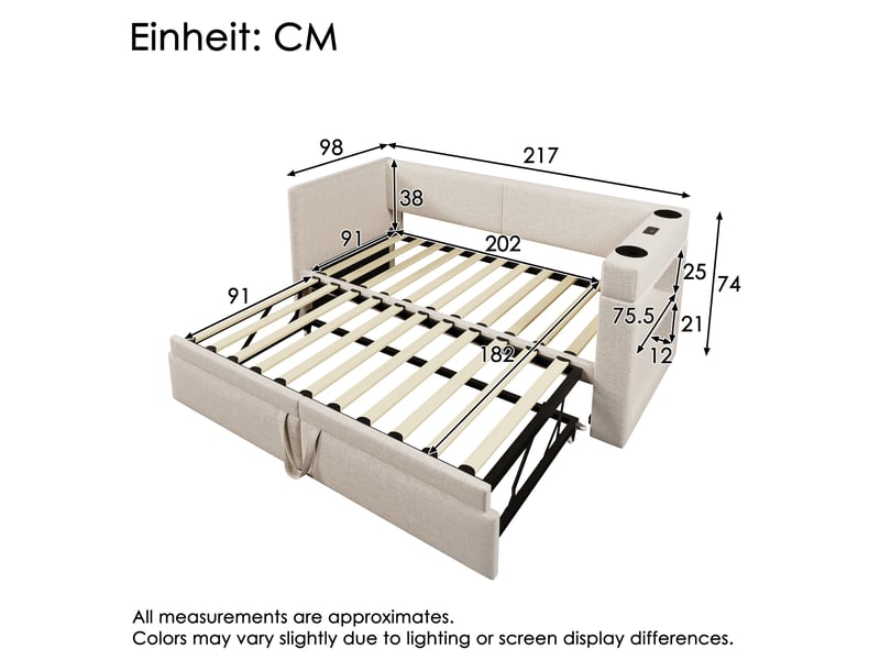  Lit banquette gigogne, 90x200 cm, accoudoirs réversibles, usb, porte-gobelets, chambre, bois et métal, coloris beige  - Conforama C