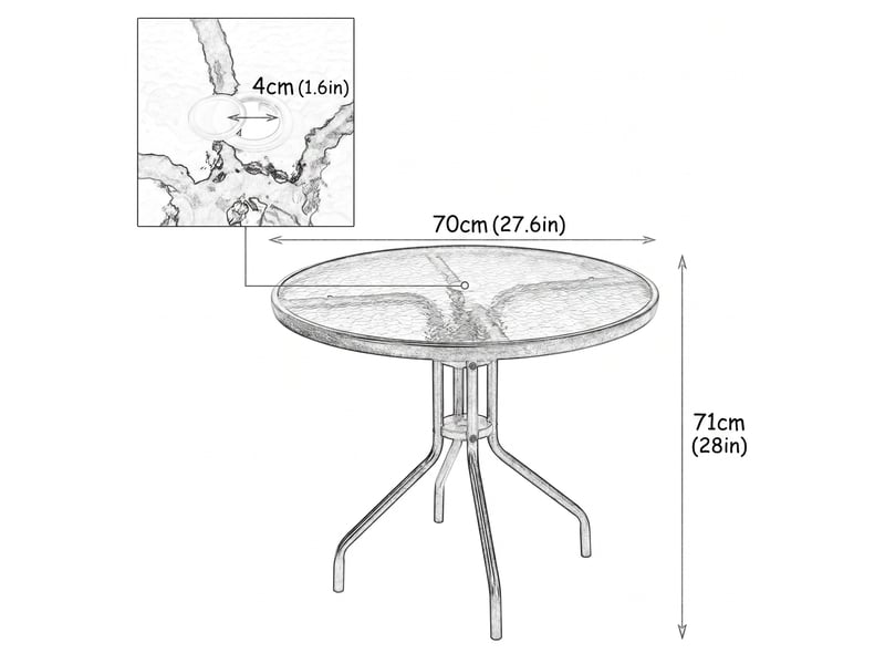  Table de jardin ronde en verre trempé de 70 cm avec structure métallique robuste et trou pour parasol noire  - Conforama C