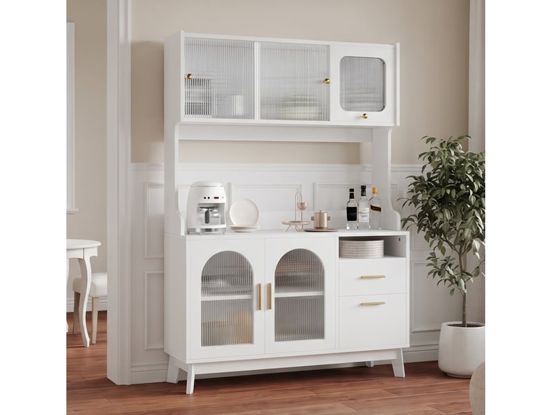  Buffet haut de rangement avec 5 portes, 1 tiroir, niche ouverte, prises et ports usb intégrés blanc 120 × 40 × 178 cm  - Conforama D