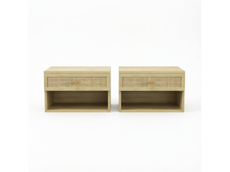 Lot de 2 chevets muraux suspendus en panneau de particules, coloris naturel, avec tiroirs et niches ouvertes - Conforama A