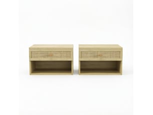 Lot de 2 chevets muraux suspendus en panneau de particules, coloris naturel, avec tiroirs et niches ouvertes