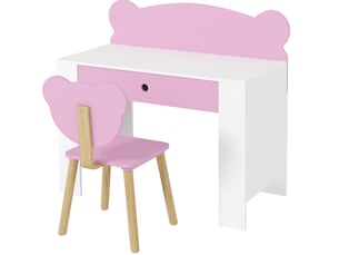 Bureau enfant avec chaise 80 x 41 x 74,5 cm rose en bois, tiroir et dossier ours, pour enfants de 3 à 8 ans