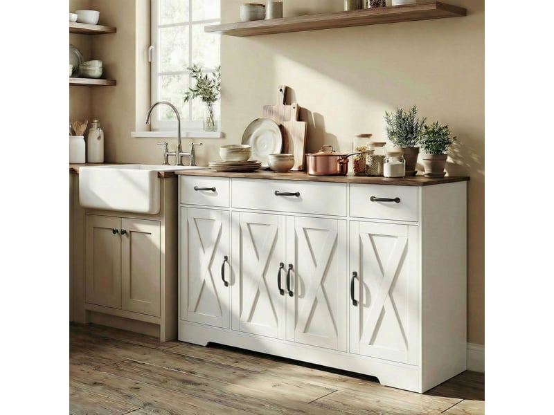  Buffet sieglinde style campagnard chic blanc &amp; noyer rangement polyvalent 140 cm  - Conforama D