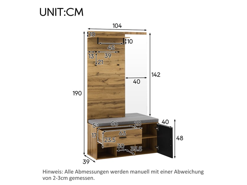  Meuble d'entrée avec miroir, banc à chaussures rembourré, rangement et 4 patères, effet chêne, 104×39×190 cm  - Conforama D