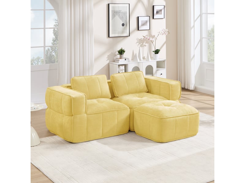 Canapé modulable d'angle en l,2 places avec 1 pouf,198x162x67cm,canapé à compression sans montage, mousse haute densité 32d,assise profonde,jaune - Conforama B