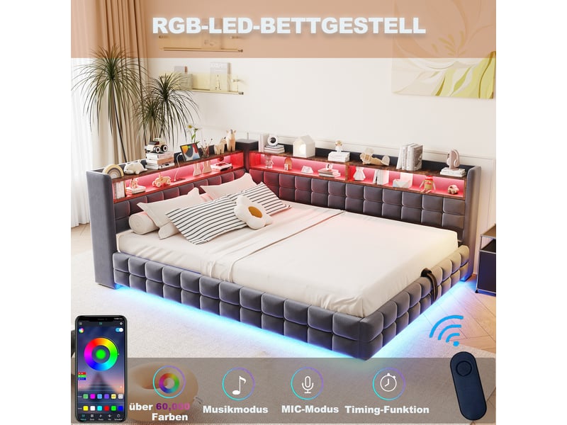  Lit double 140x200 cm gris, éclairage led, usb type-c, rangement hydraulique et bois  - Conforama C