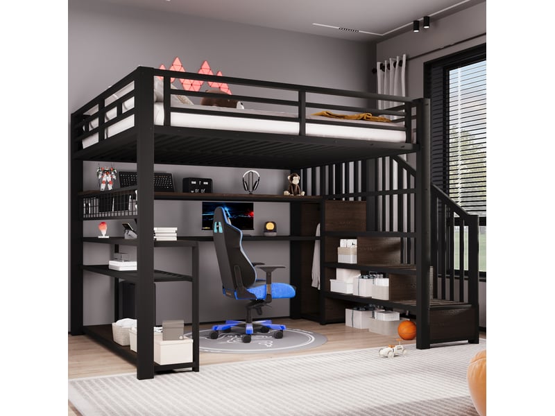 Lit mezzanine 140 × 200 cm avec bureau, armoire, rangements et led multicolores pour chambre 251 × 145 × 170 cm - Conforama D