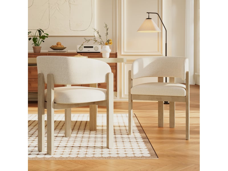  Lot de 2 chaises de salle à manger 60x51x80 cm, accoudoirs tissu bouclette bois, style moderne naturel  - Conforama B