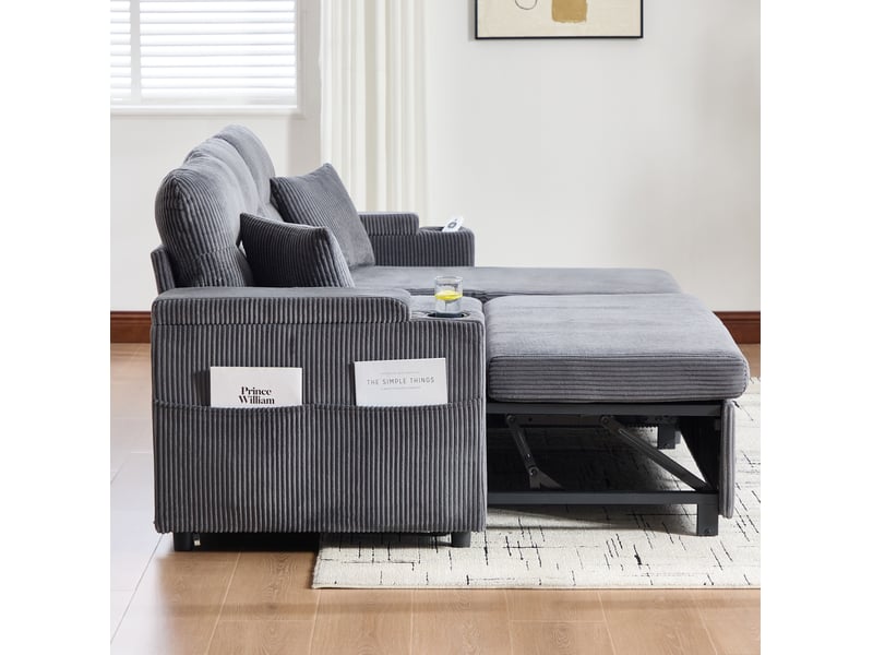  Canapé 3 places 212,5x136x86cm avec rangement, porte-verres et ports usb-c, confort et doux, velours côtelé gris carbone  - Conforama E