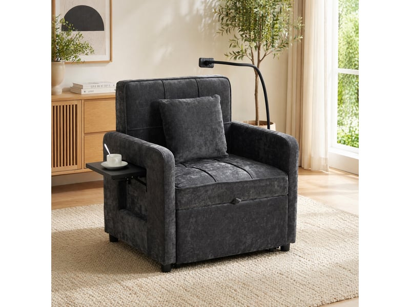  Fauteuil convertible 1 place avec dossier réglable, rangements, tablette et support téléphone en chenille gris foncé  - Conforama C