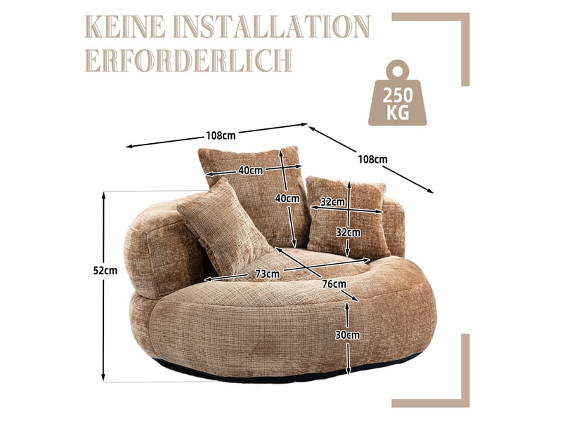  Fauteuil pouf modenvie en chenille café avec dossier haut et 3 coussins 108 x 108 x 52 cm  - Conforama C