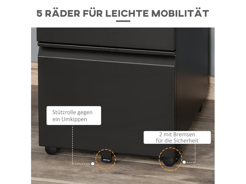  Caisson de bureau à roulettes 39 x 48 x 60 cm – noir – 3 tiroirs verrouillables en acier robuste  - Conforama E
