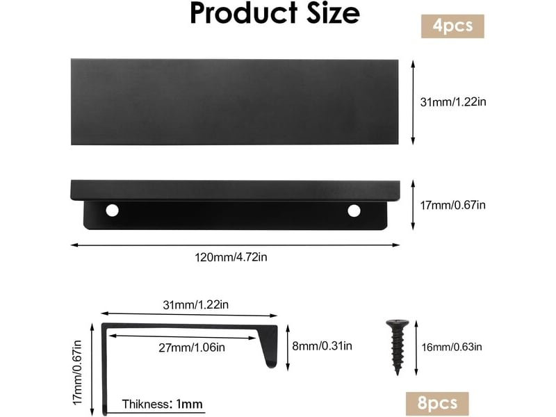 Lot de 4 poignées cachées en alliage d'aluminium noir de 12 cm, poignées invisibles pour cuisine et portes avec vis - Conforama B
