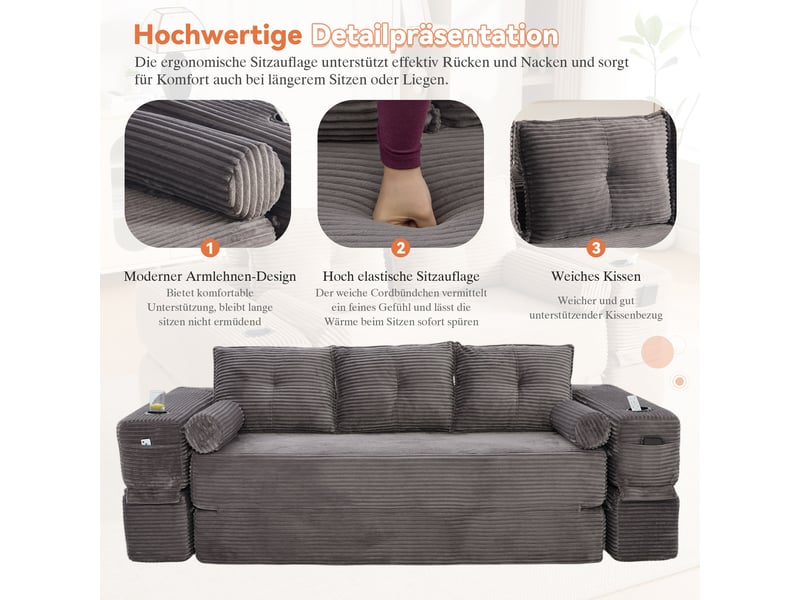  Canapé convertible 3 places en velours côtelé gris foncé avec porte-gobelet et coussins à mémoire de forme  - Conforama D