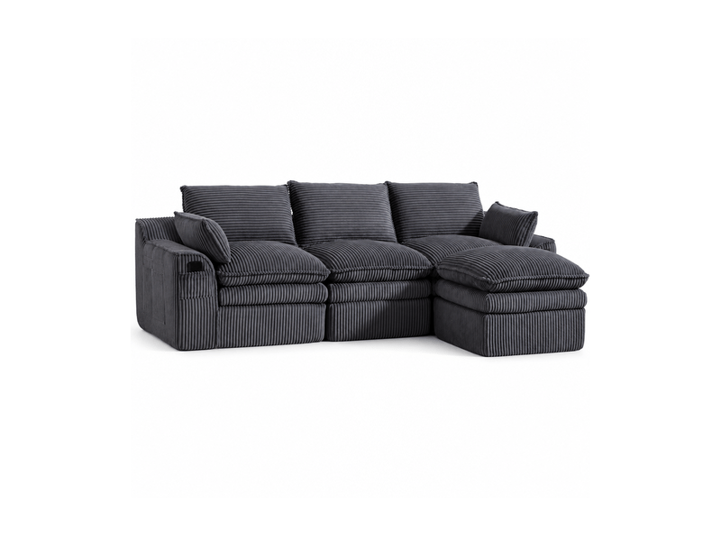  Canapé modulable 3 places en velours côtelé gris foncé 263x167x85 cm avec pouf, coussins et poches latérales 263x167x85cm - Conforama A