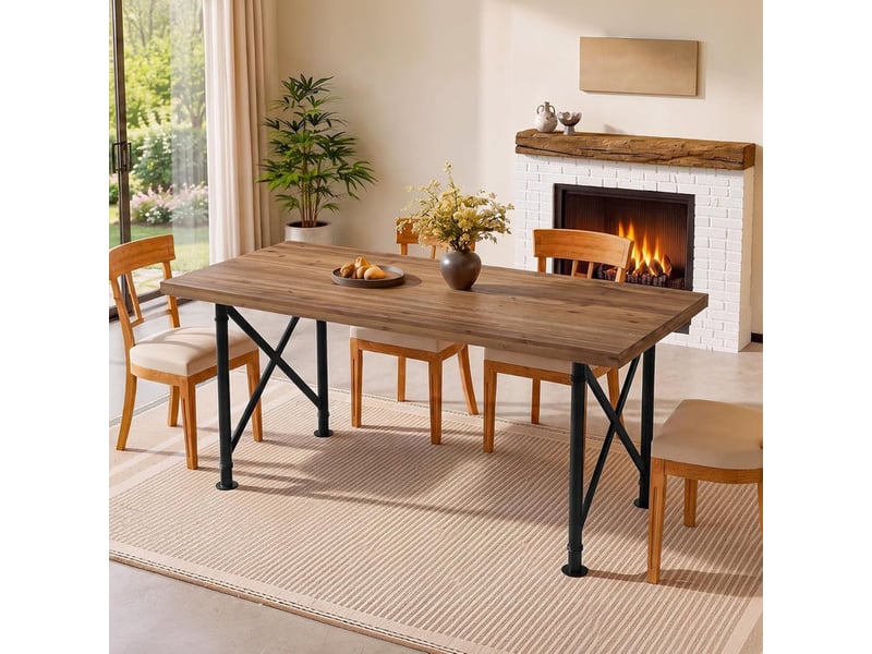  Table de salle à manger en bois massif 160 cm avec pieds en métal, brun rustique  - Conforama D