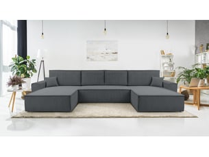 Canapé d'angle panoramique convertible <strong>AX LIVING </strong> <strong>Cedria U</strong> 5 places Velours côtelé gris avec coffre de rangement