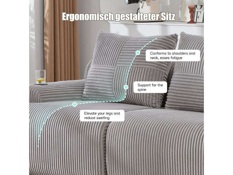 Canapé modulable, canapé de salon; gris clair, porte-gobelets, en velours tricoté - Conforama E