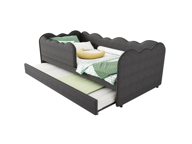  Lit enfant gigogne 90 x 190 cm forme de nuage unique et design en forme de l gain de place lin gris sans matelas  - Conforama A