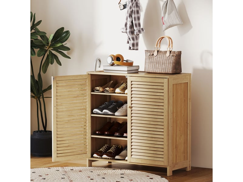 Meuble à chaussures en bambou avec portes persiennes, capacité de 14 paires, étagères réglables, naturel  - Conforama B