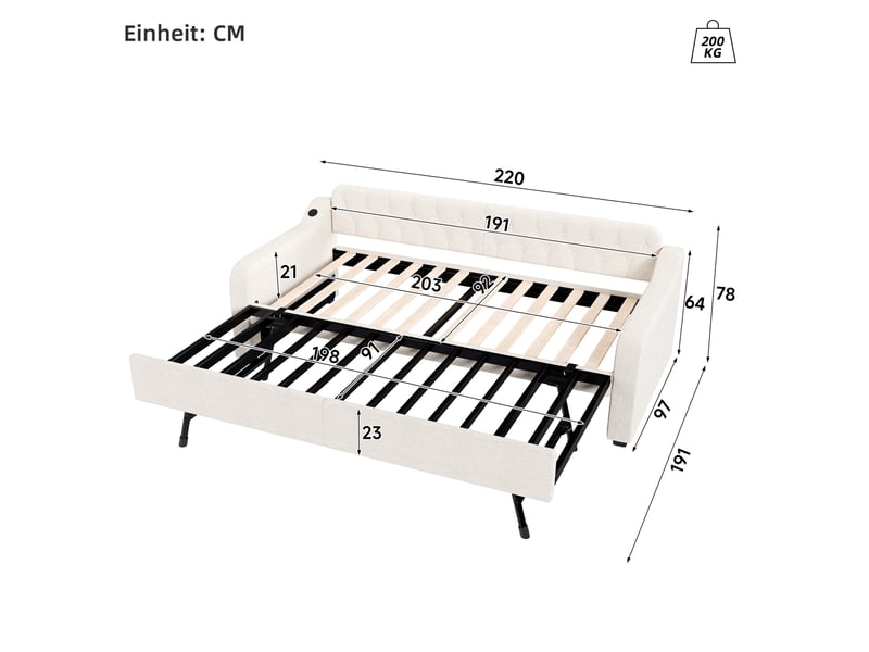  Canapé-lit gigogne 90x200 cm avec prise usb en tissu de lin beige  - Conforama E