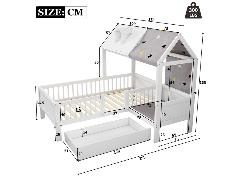  Elvmi lit enfant cabane 90x200 cm en bois massif et mdf blanc, lit 1 place avec sommier a lattes inclus, tiroirs de rangement sous le lit, structure stable, design ludique pour chambre d'enfant, avec tissu de tente et coussins  - Conforama C