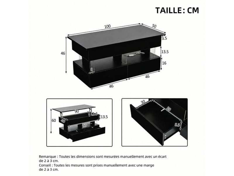  Table basse relevable avec deux tiroirs et éclairage led, 100 x 50 x 46 cm, noir brillant  - Conforama E