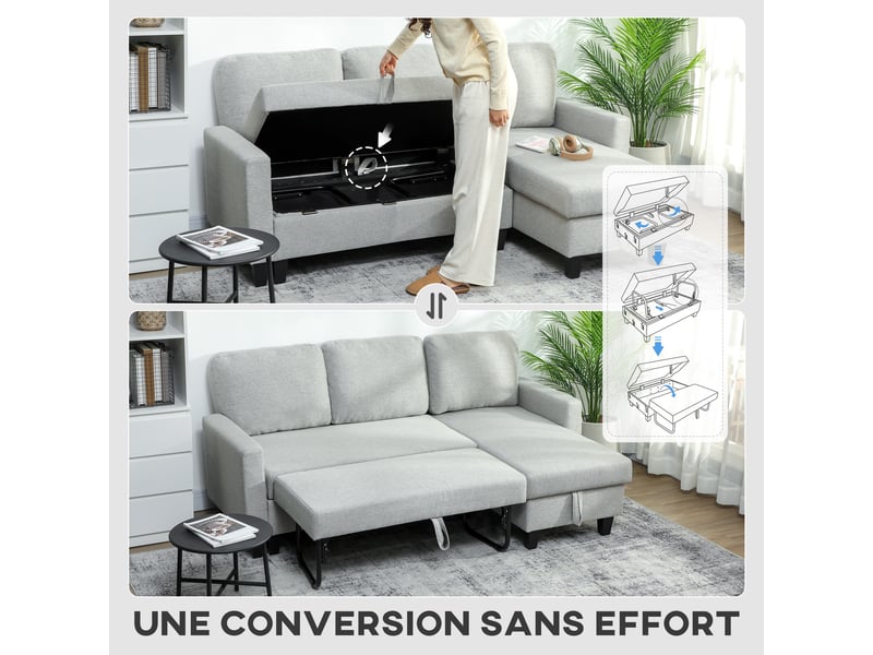  Canapé d'angle convertible réversible, canapé-lit 3 places, méridienne, coffre de rangement, 197lx129x 85cm, gris clair  - Conforama E