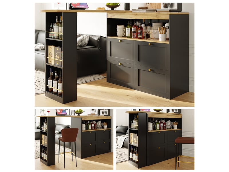  Table de bar extensible avec 4 tiroirs et compartiments ouvertes,pivotant à 360°,noir table noir - Conforama B