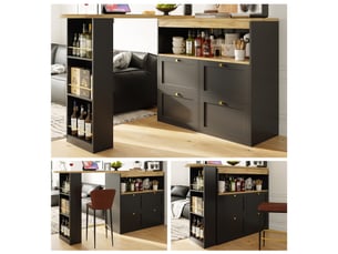 Table de bar extensible avec 4 tiroirs et compartiments ouvertes,pivotant à 360°,noir