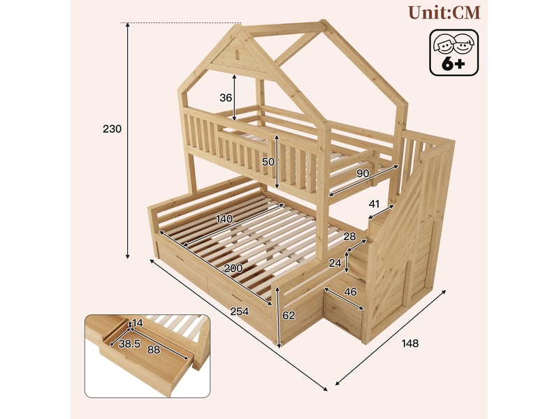 Lit superposé 90140 × 200 cm avec escalier-rangement, 2 tiroirs, toit pignon et barrières pour chambre enfant en bois - Conforama C