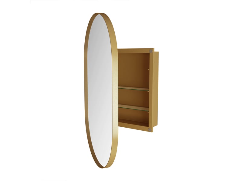  Armoire miroir murale ovale dorée, cadre métal, étagères réglables, encastrable  - Conforama D