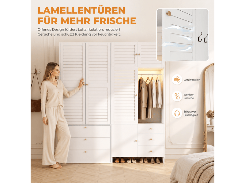 Armoire de chambre blanche avec panier à linge intégré, éclairage led, 6 tiroirs, 180x50x200 cm - Conforama E