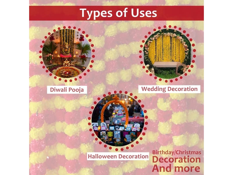  Guirlande de soucis artificielle de 5 pièces (1,4 m) pour halloween, diwali, pooja, mariage, cheminée, noël et décoration automnale - magenta et jaune  - Conforama E