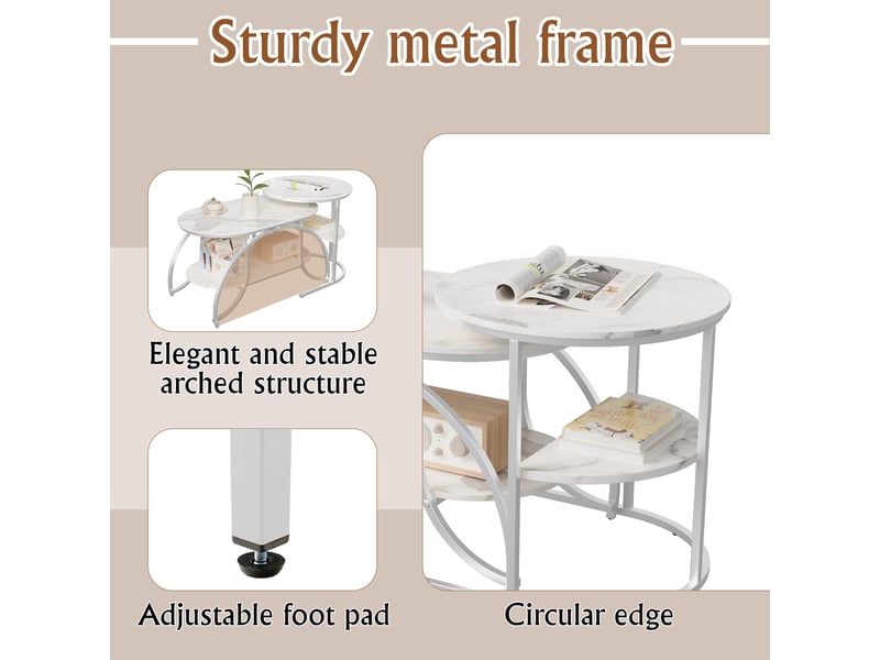  Table basse de salon , lot de 2 tables basses gigognes , pieds en métal , table d'appoint en marbre ,argent , ronde,80 x 46 x 45 cm  - Conforama E