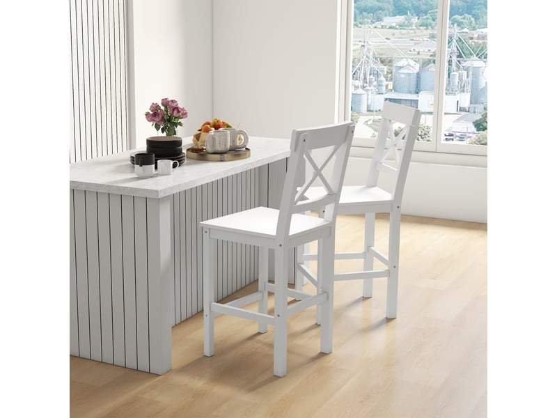  Lot de 2 tabourets de bar hauts en bois avec repose-pieds et dossier croisé, capacité de charge 120 kg, blanc  - Conforama D