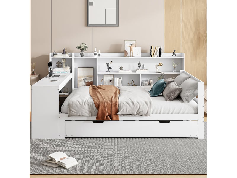  Lit combiné 140x200 cm avec bureau, rangements et prise, bois, blanc sans matelas  - Conforama D
