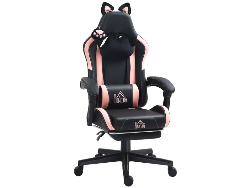  Chaise de bureau avec dossier inclinable et repose-pieds, coussins amovibles et roulettes en simili cuir noir  - Conforama A