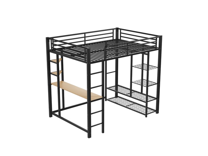 Lit mezzanine métal 140x200 cm avec échelle, bureau intégré, portique et rangement - blanc - idéal pour espaces compacts - Conforama E