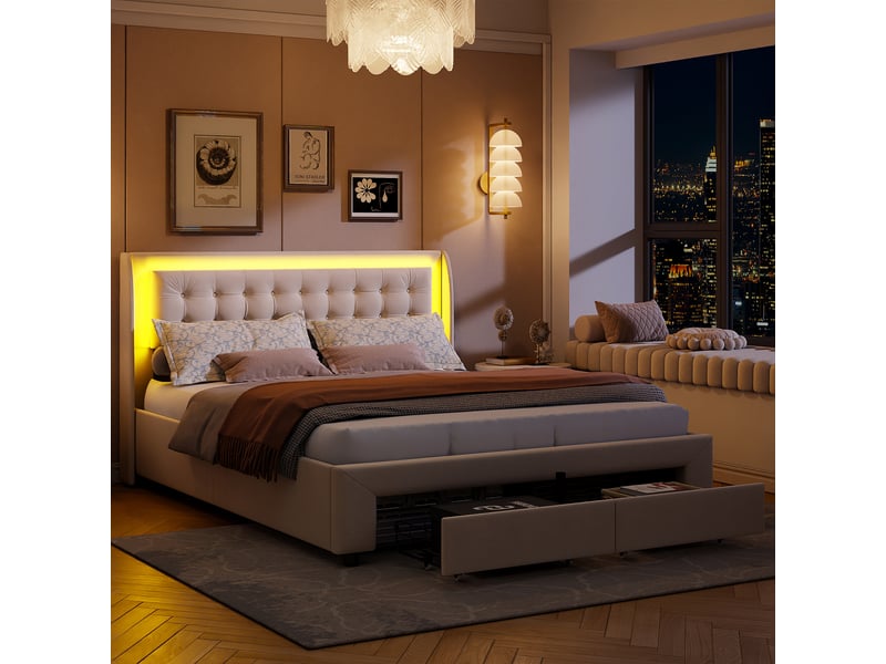  Lit coffre 160x200cm - lit double 160x200 - avec 2 tiroirs et tête de lit led rgb, rembourré en velours - style moderne - beige  - Conforama D