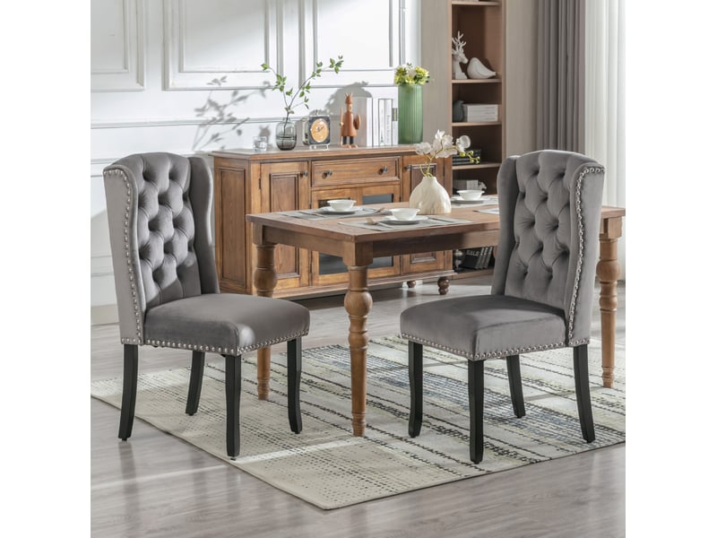  Lot de 2 chaises salle à manger 61x49x100 cm en velours et métal gris, boutons, anneau chromé et clous de décoration  - Conforama D