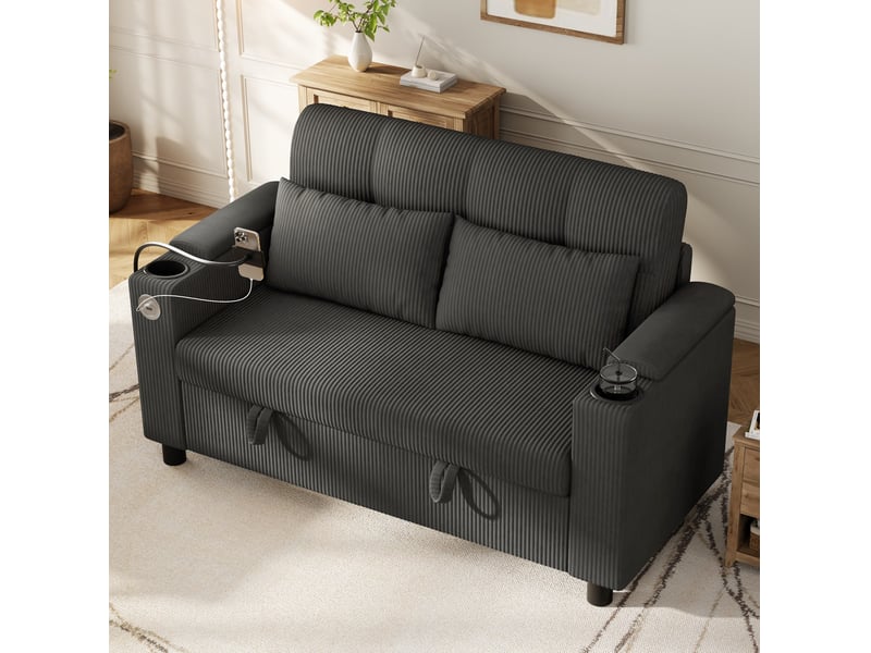  Canapé 2 places modenvie avec rangement caché, dossier capitonné, usb type-c, porte-gobelets et support téléphone, velours côtelé gris 136,5 x 79,5 x 83,6 cm  - Conforama D